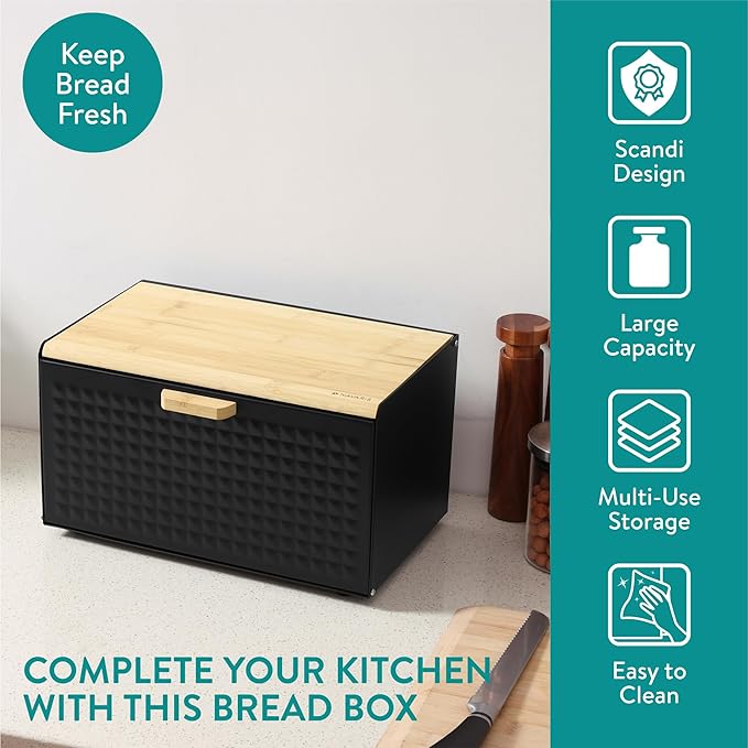 Navaris Metal Bread Bin Container with Bamboo Lid - Large Aesthetic Black Bread Bins for the Kitchen - Bread Box Containers for Small Items Storage - Bread Storing Bin Set