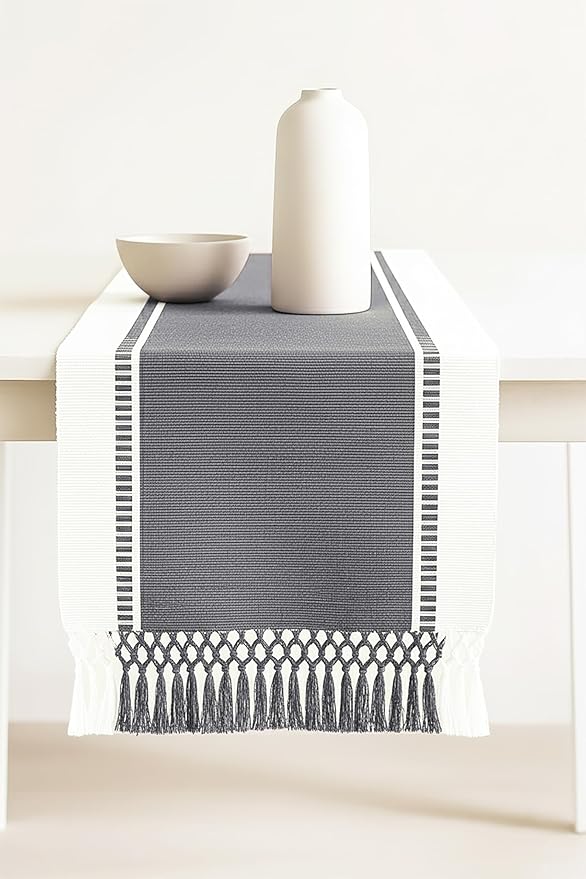 PurpleEssences Table Runner - Wide with Dobby Stripe, Heavy Ribbed Weave & Double Knot Fringes, 14x90 Inch (14x95.5 with Fringes) Farmhouse Decor - Christmas Holiday Winter - Mineral Gray and H.White