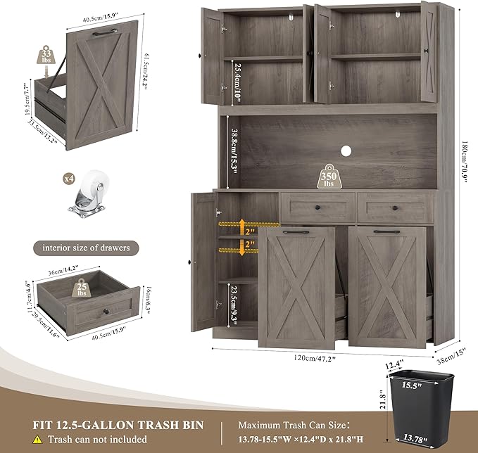 HOSTACK 71" H Kitchen Trash Can Cabinet, 12.5 Gallon Double Pull Out Garbage Can Hutch Cabinet with Trash Bin Storage Holders, 47" Wide Kitchen Pantry with Hidden Garbage Storage, Ash Grey