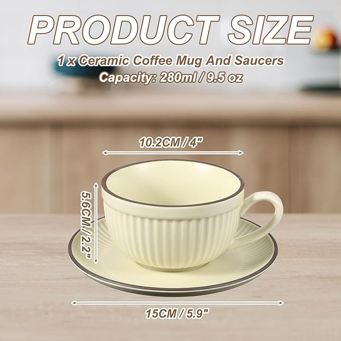 uxcell Handmade Vintage Espresso Cups, 9.5 oz Stripe Coffee Cups and Saucers Ceramic Tea Cup with Handle Dishwasher and Microwave Safe for Latte Cappuccino Milk Office Home Gifts, Beige