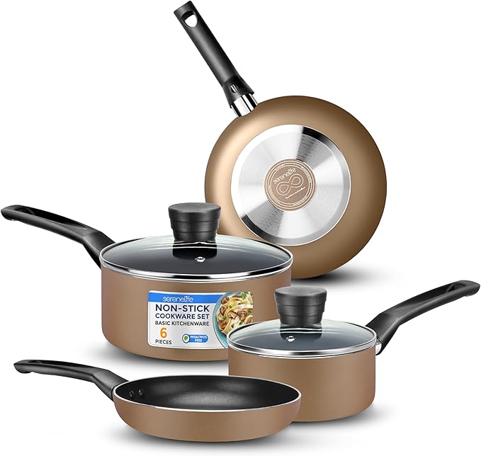 SereneLife 6-Piece Pots and Pans Set ??Nonstick Cookware, Black Coating, Heat-Resistant, Dishwasher safe, Includes Fry Pans, Saucepans with Lids, Color Gold
