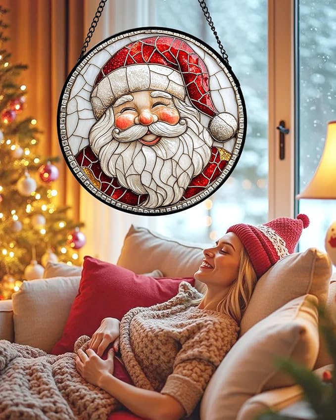 Stained Glass Window Hanging - Red White Santa Claus Suncatcher for Doors Home Christmas Decoration Winter Sun Catcher Thanksgiving New Year Birthday Gifts for Women Men Mom Nana Girl 7.8 in
