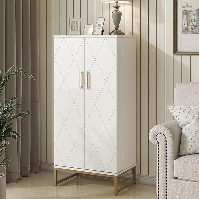51??Kitchen Pantry Storage Cabinet, White Freestanding Pantry Cabinets with Doors and Adjustable Shelves, Buffet Cupboards Storage Cabinet for Home Office Use, Dinning Room(White + Gold)