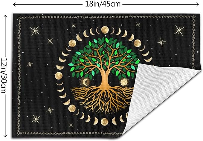 Black Placemats Set of 4, Ancient Life Tree Decorative Place Mats for Dining Table Decor, Linen Washable Table Mats for Kitchen Outdoor Party Home Moon Luna Hippy Decor 12"x18"