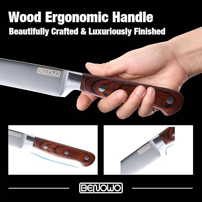 Benowo Carving Knife Set 2-Piece, 8-inch Turkey Carving Knife and Fork Set Stainless Steel Kitchen Knife for Steak, Hibachi Knife and Fork, BBQ Carving Fork with Gift Box ??Designed in USA