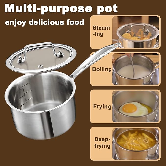 2 Quart Triple Stainless Steel Saucepan with Lid, Ramen Pot with Clear Glass Cover, Small Sauce Pan for Cooking Oatmeal, Induction-Ready, Dishwasher-Safe, Suitable for All Stoves