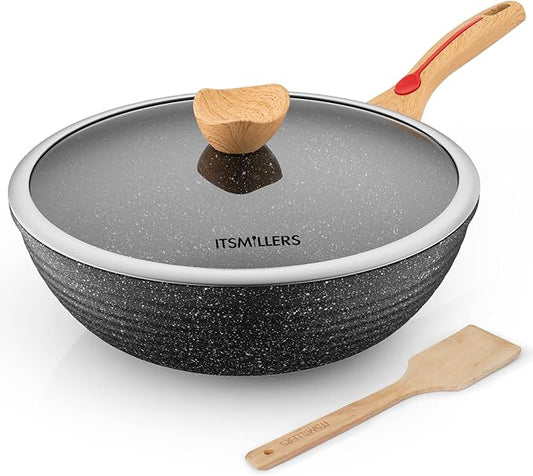Nonstick Wok Aluminium Die-casting Chinese Wok, Scratch Resistant With Lid and Spatula, PFOA-Free, Dishwasher Safe & Induction Bottom,12 Inch,6L,Large Capacity