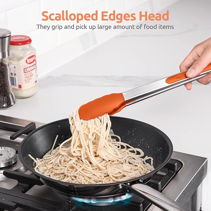 600쨘F Heat Resistant Kitchen Tongs: U-Taste 12 inch Large Silicone Cooking Tong with Sturdy Non Stick Rubber Tips & Silicon Coated 18/8 Stainless Steel Handle & Smooth Locking for Serving Grill-Orange