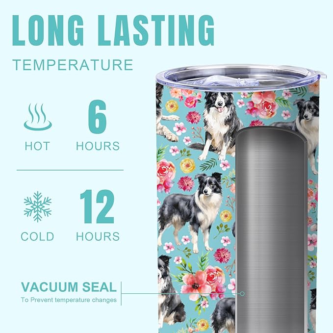 Yogusut Border Collie Gifts for Women, 20oz Stainless Steel Insulated Tumbler Travel Mug Cup with Lid Straw Brush, Gifts for Dog Mom Dog Lover