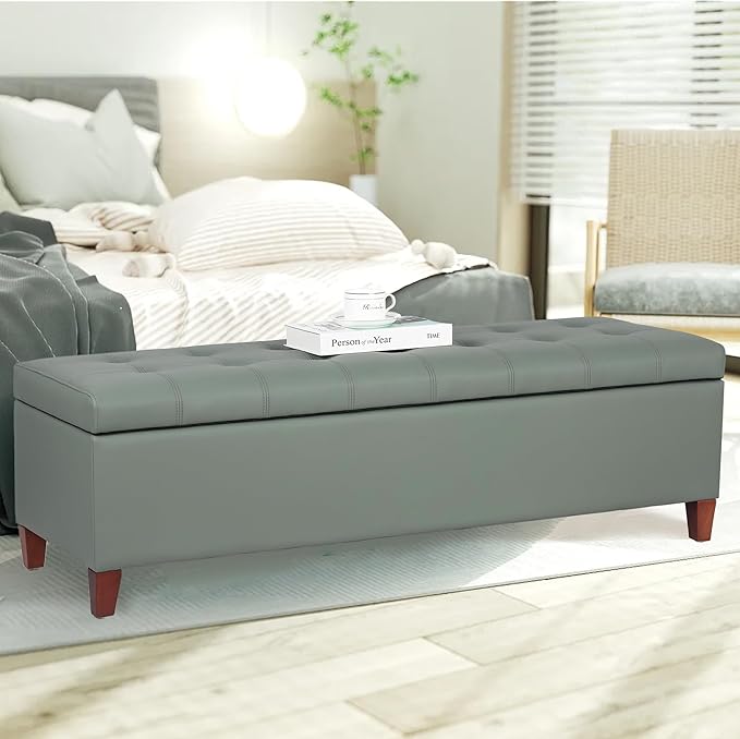Joveco 51 Inch Storage Ottoman Bench,Tufted Leather Storage Bench for Bedroom (51??Gray Green)