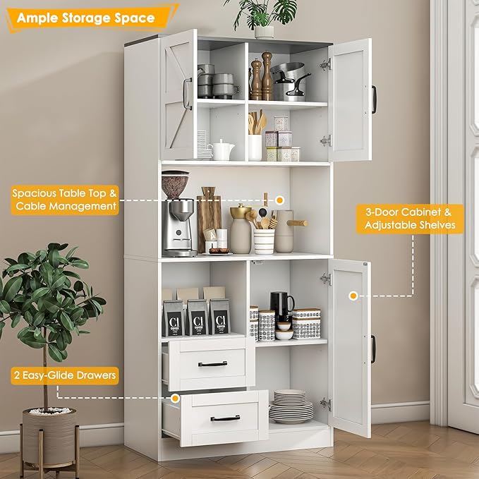 Kitchen Pantry Storage Cabinet with LED Lights and Power Strip, Tall Farmhouse Kitchen Pantry with Barn Doors and Drawers, Adjustable Shelves for Dining Living Room (White)