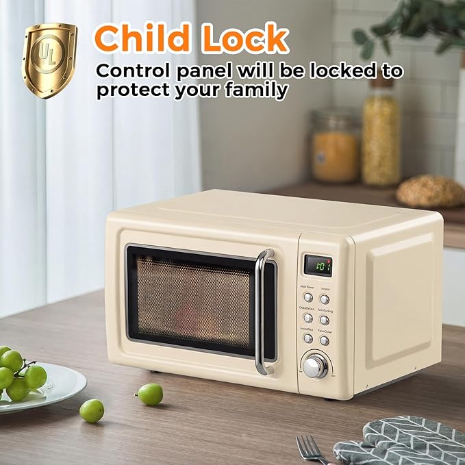 ARLIME Retro Microwave 0.7Cu.ft, 700 Watt Countertop Microwave with 5 Micro Power Defrost & Auto Cooking Function, LED Display, Child Lock, Small Microwave for Kitchen, RV, Dorm, Cream White