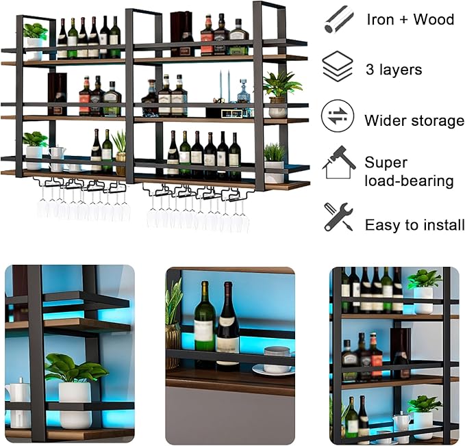 Wall Mounted Wine Rack with LED Light, Metal Liquor Bottles Display Shelf, Floating Shelves Display Storage Organizer, Wall Bar Shelves with Wine Glass Holder for Home Bar Kitchen (black, 47.2in)