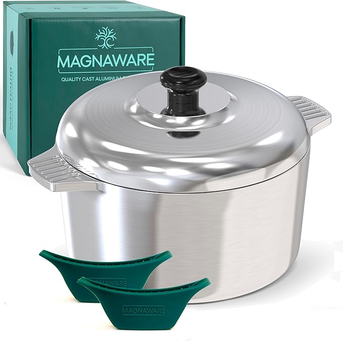 Cast Aluminum Dutch Oven with Lid - 5 Quart Lightweight Cookware Pot with Silicone Covers for Easy Handling - Even Heat Distribution & Retention - For Bread Baking, Stew, Simmering & More