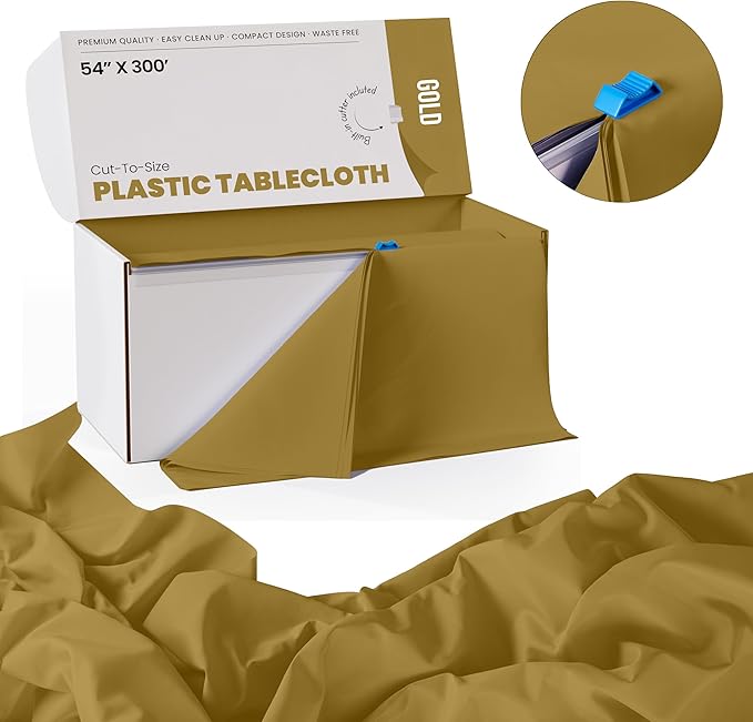 Party Solids 54 Inch X 300 Feet Gold Plastic Table Cover Roll in A Cut - to - Size Box with Convenient Slide Cutter. Cuts Up to 36 Rectangle 8 Feet Plastic Disposable Tablecloths