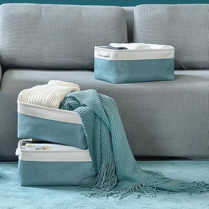 TheWarmHome Fabric Storage Bin with Handles,Storage Basket for Home Storage and Organization, Shelf Basket with Cover for Living Room Bedroom Closet竊늋hite & Green Medium 13.8L횞9.8W횞6.7H