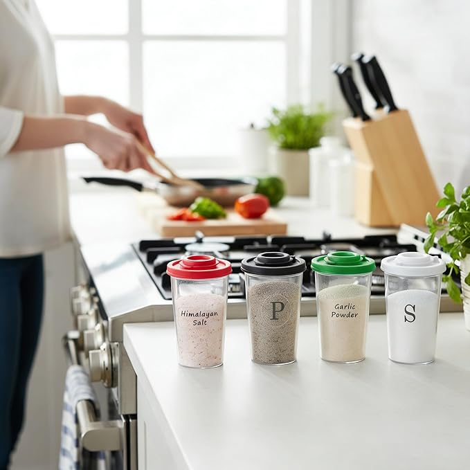 Plastic Salt and Pepper Shakers Set with 4 Color Lids & 20 Labels ??Clear Spice Jars, Reusable, Refillable Seasoning Containers for Kitchen, Cooking, Baking ??Easy Storage & Organization