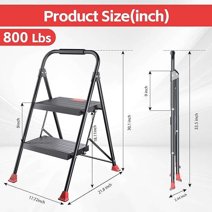 Foldable Step Ladder Stool - 2-Stepping Extension Tall Heavy Duty with Handrails, 800Lbs Capacity for Home Adults Kitchen, Closet Indoor House Extendable Stepstool Stair Ladders