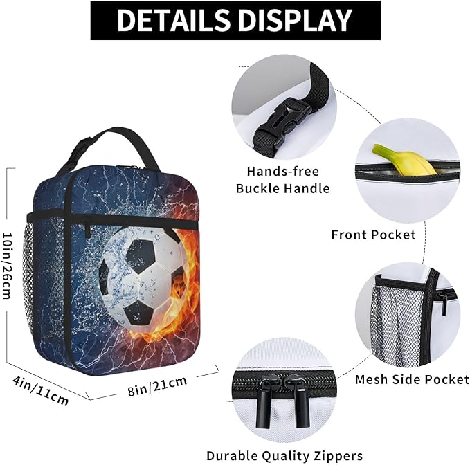 YIJIUWKIS Soccer Lunch Box Sports-themed Lunch Bag for Kids Teens Boys Girls, Insulated Leakproof Waterproof Reusable Lunch Bags with Mesh Pocket, Portable Durable Cooler Tote Bag with Double Zippers