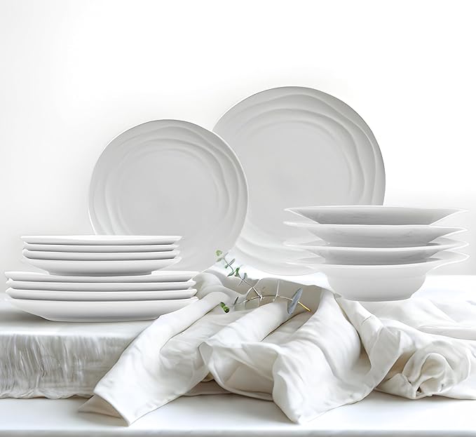 Pots & Patterns White Porcelain Dinner Plates Set for 4 ??12-Piece Chip-Resistant Plates and Bowls with Natural Waves Design ??Microwave, Oven, Dishwasher Safe Scratch-Resistant China Dinnerware