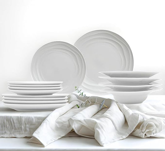Pots & Patterns White Porcelain Dinner Plates Set for 4 ??12-Piece Chip-Resistant Plates and Bowls with Natural Waves Design ??Microwave, Oven, Dishwasher Safe Scratch-Resistant China Dinnerware