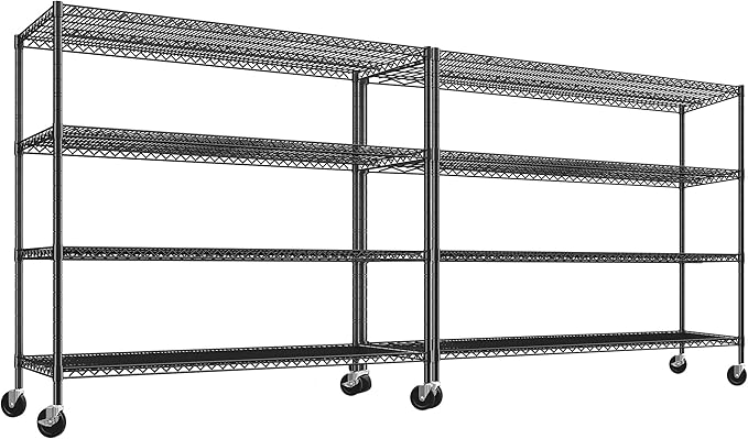 REIBII 60" W 횞24" D횞65.3" H, 4 Tier Wire Shelving 2878LBS Heavy Duty Steel Storage Rack Shelving Adjustable Shelves for Warehouses, Garages, Kitchens, and Commercial Spaces/Premium Wheels 2 Pack