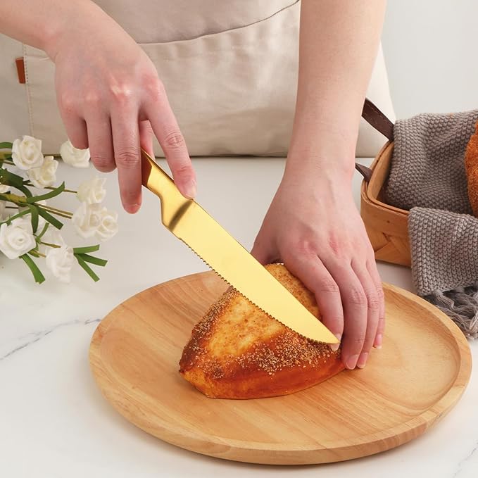 Gold Steak Knives Set of 6, Stainless Steel Serrated Kitchen Knife Set, Heavy Duty Dinner Knives for Cutting Meat, Beef, 8.6 Inch, Dishwasher Safe