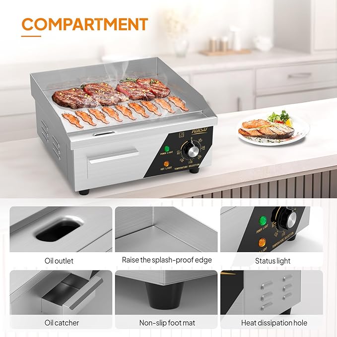 ROVSUN 14" Electric Countertop Flat Top Griddle, 1500W Electric Griddle, Teppanyaki Grill Stainless Steel with Adjustable Temperature Control 122째F-572째F for Home Restaurant Commercial