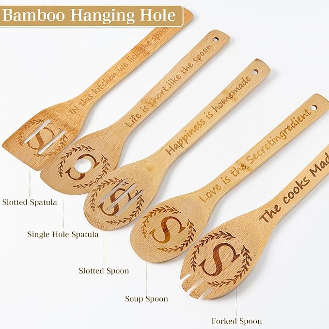 5PCS Initial Wooden Cooking Spoons Initial Letter Kitchen Decor Gifts Personalized Monogrammed Birthday Gifts for Women Mom Friend Housewarming Wedding Bamboo Cooking Spoons