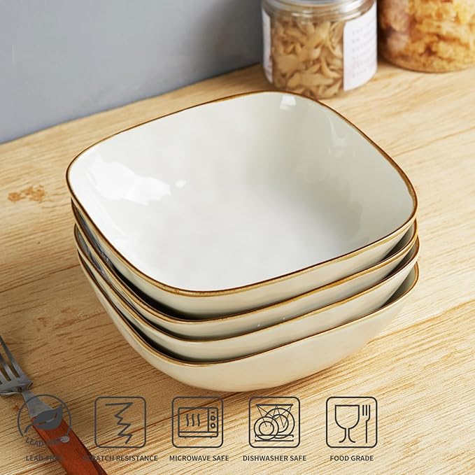 famiware Large Pasta Bowls Set of 4, Ocean Square 8" Bowls, Pasta Serving Bowl Large Dinner Bowls, Kitchen Bowl Set, Microwave and Dishwasher Safe, Scratch Resistant, Vanilla White