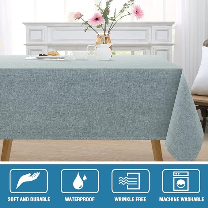 H.VERSAILTEX Linen Textured Tablecloth 60 x 60 Waterproof Decorative Table Cloth Spill-Proof Linen Look Cover for Party Table Extra Soft and Thick Fabric Wrinkle Free, Heather Aqua Gray