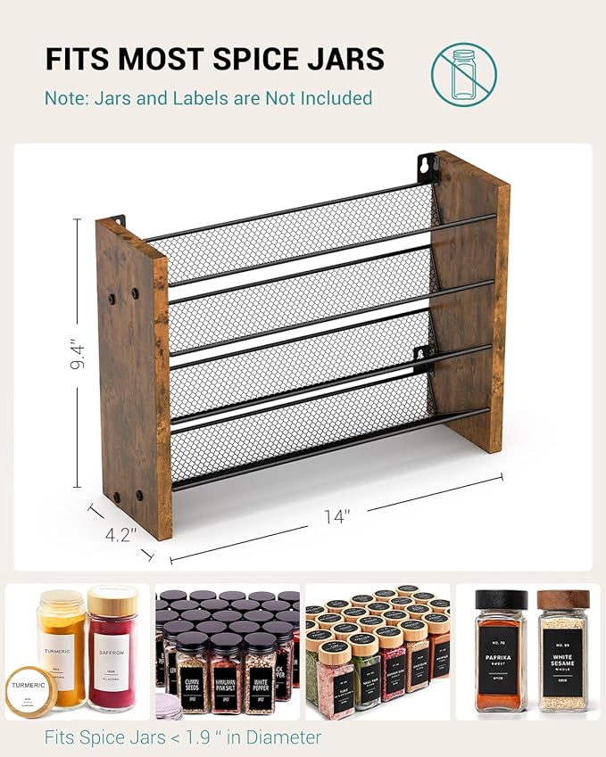 NESAPTO Spice Rack Organizer for Cabinet, Wooden 4 Tier Vertical Seasoning Organizers for Kitchen Pantry, Countertop/Wall Mount, Holds 28 Spice Jars (No Jars Included), 14" W 횞 9.4" H