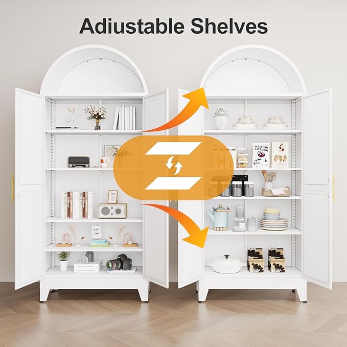 73"H Metal Tall Arched Kitchen Pantry Cabinet, Modern Farmhouse China Storage Cabinets with 2 Door and Adjustable Shelves, Versatile Cupboard for Kitchen, Dining Room, Bathroom, Bedroom（White）