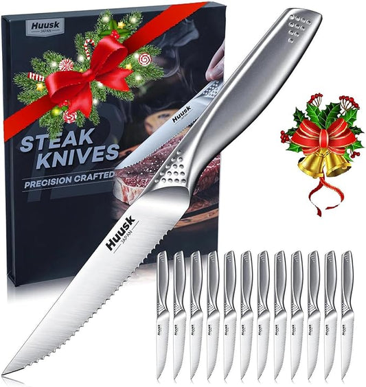Huusk Serrated Steak Knives Set, 4.5" Japanese Stainless Steel Steak Knives Set of 12, Sharp Dishwasher Safe Dinner Knife for Kitchen Table, Christmas Gifts for Men Women