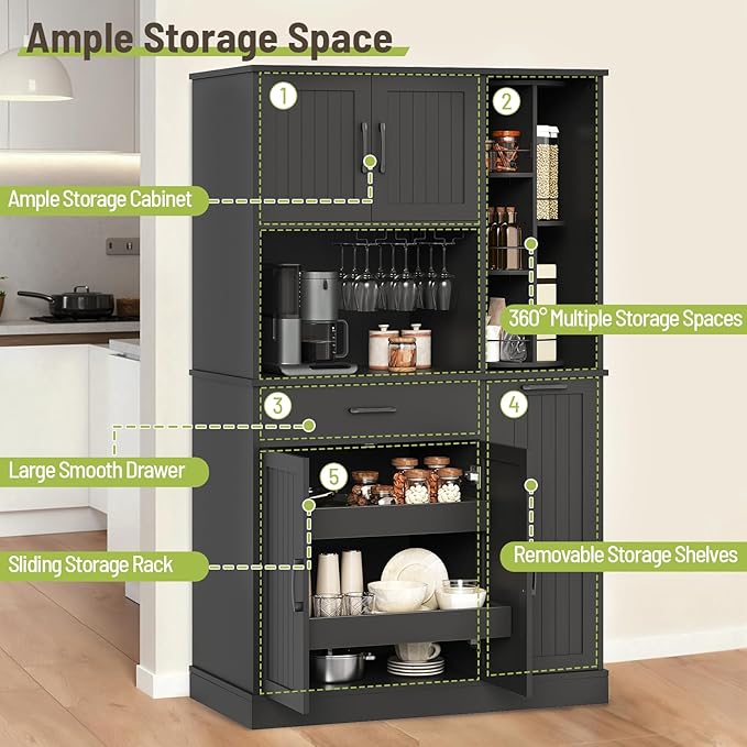 Pantry Cabinet, 67.7" Tall Kitchen Pantry Storage Cabinet with 360째 Rotating Shelf & 2 Pull-Out Racks, Freestanding Kitchen Hutch with Charging Station & Drawer, for Dining Room, Black