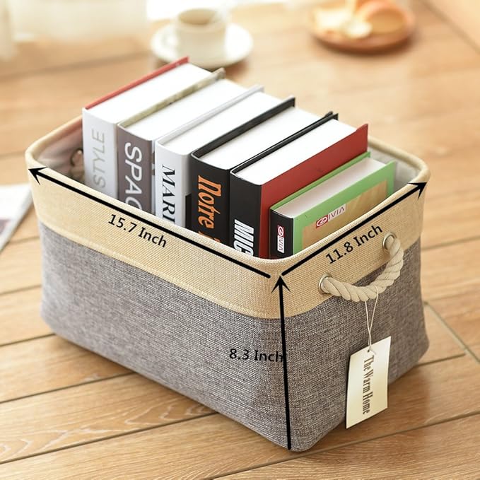 TheWarmHome Storage Basket - 15.7L횞11.8W횞8.3H 1 Pack Large Baskets for Organizing Shelves, Storage Bins for Clothes Book Shelf Home Fabric Storage Cubes (Gold and Grey)