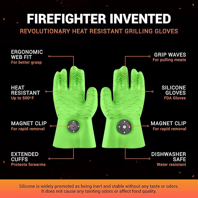 MagneCHEF Heat Resistant Silicone BBQ Gloves- Ergonomic Web fit Allows for Firm Grip- Patented Magnet Safety Clip Allows for Rapid Release of one or Both Hands- Grip Waves for Pulling Pork (Green)