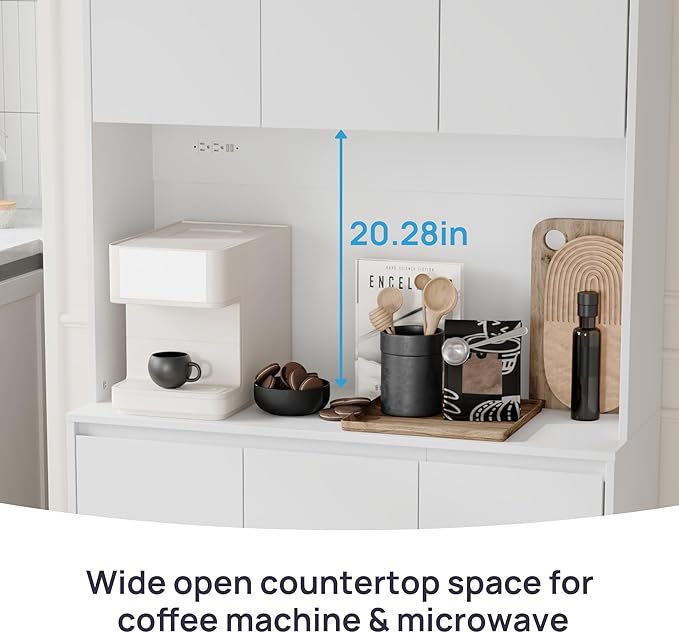71" Tall White Kitchen Pantry Cabinet with 6 Doors & Power Outlet, Freestanding Storage Hutch with Countertop, Adjustable Shelves for Dining Room, Laundry Room