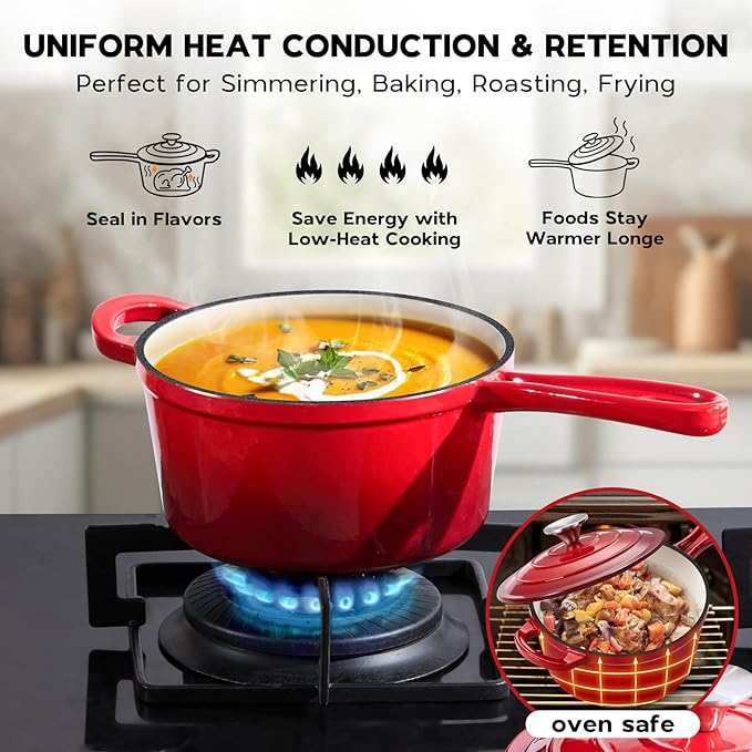 Onader Enameled Cast Iron Sauce Pan, 1QT Small Saucepan with Lid, Cast Iron Sauce Pot Enamel Dutch Oven, Nonstick & Heavy Duty ??Red
