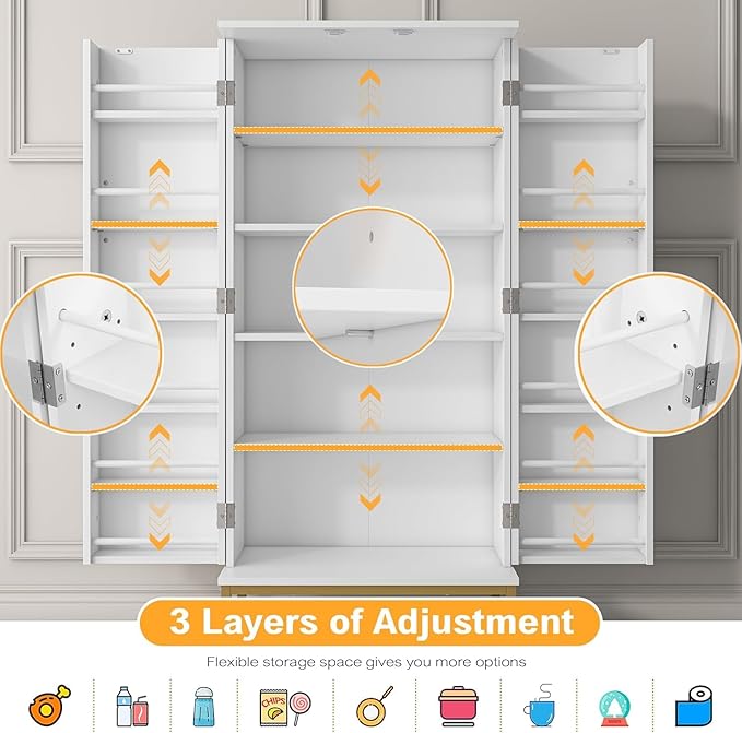 51??Kitchen Pantry Storage Cabinet, White Freestanding Pantry Cabinets with Doors and Adjustable Shelves, Buffet Cupboards Storage Cabinet for Home Office Use, Dinning Room(White + Gold)