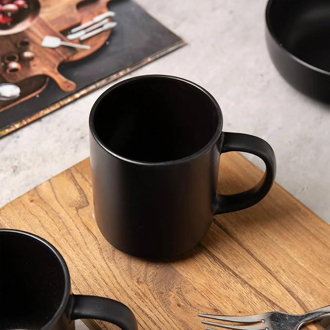 Furrnook 12-Piece Stoneware Dinnerware Set with Mugs | Microwave and Dishwasher Friendly | Stackable Matte Glaze Plates & Bowls | Service for 3 (Black for 3)