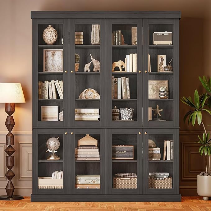 Vyre 70.8" Tall Black Bookshelf with Glass Doors, Farmhouse Modular Bookcase with 6-Tier Adjustable Shelves, Large Storage Cabinet for Home Office, Living Room