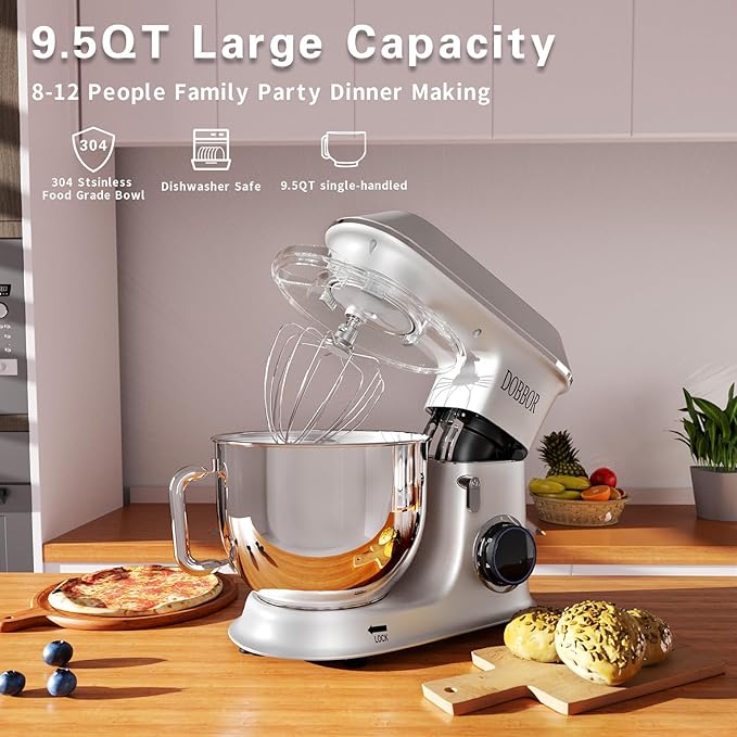 Electric Stand mixer, 9.5QT 660W 6 Speeds Tilt-Head Dough Mixers, Bread Mixer with Dough Hook, Whisk, Beater, Splash Guard for Baking Bread, Cake, Cookie, Pizza, Muffin, Salad and More (Silvery)