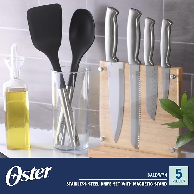 Oster Baldwyn 5-Piece Stainless Steel Knife Block Set with Wood Magnetic Stand ??Countertop Display & Knife-Safe Storage