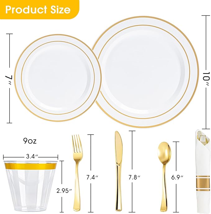 350 PCS White and Gold Plastic Dinnerware Set for 50 Guests, 100 Thanksgiving Disposable Plates for Party, 50 Pre Rolled Napkins with Gold Silverware, 50 Cups