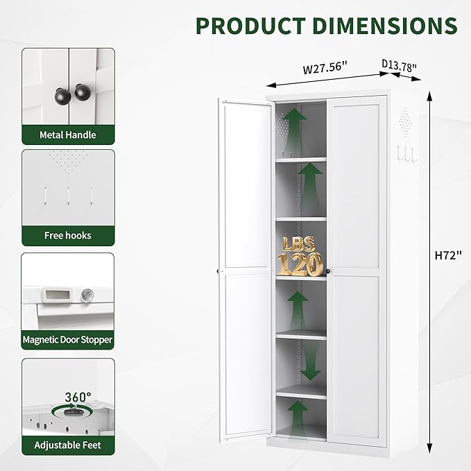 72" Tall Kitchen Pantry Cabinet,White Metal Pantry Cabinet with 2 Doors & 5 Adjustable Shelves,Utility Storage Cabinet Rust-Resistant for Living Room,Dining Room,Bathroom,Garage,Basement