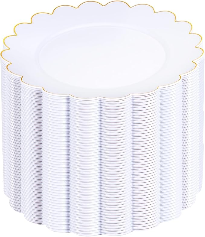 SUT 72Pcs Plastic Plates-7.5inch White Dessert Plates with Gold Trim, White Disposable Plates, Disposable Plates,Fancy Plastic Plates, Heavy Duty Plastic Plates for Christmas & Parties