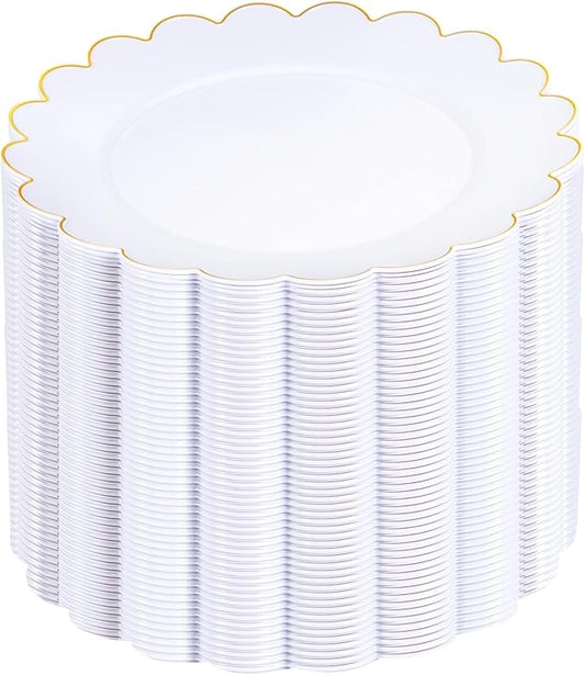 SUT 72Pcs Plastic Plates-7.5inch White Dessert Plates with Gold Trim, White Disposable Plates, Disposable Plates,Fancy Plastic Plates, Heavy Duty Plastic Plates for Christmas & Parties