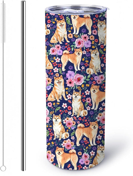 Yogusut Shiba Inu Gifts for Women, 20oz Stainless Steel Insulated Tumbler Travel Mug Cup with Lid Straw Brush, Gifts for Dog Mom Dog Lover