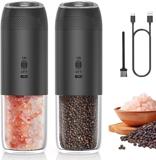Rechargeable Electric Salt and Pepper Grinder Set, Gravity Automatic Salt and Pepper Shakers with LED Light, Type C Charging, Adjustable Coarseness, Large Capacity Mills Set (Black & Black)
